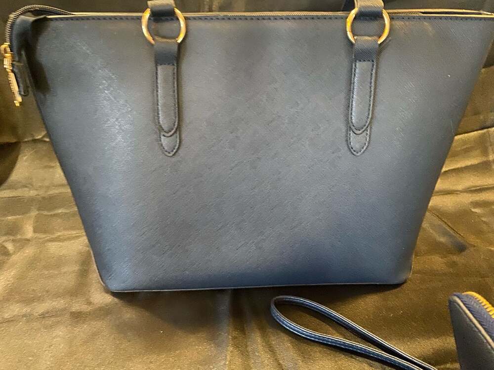 QIYUER Navy Blue Saffiano Faux Leather Tote Bag and Matching Wallet Set - Picture 7 of 9